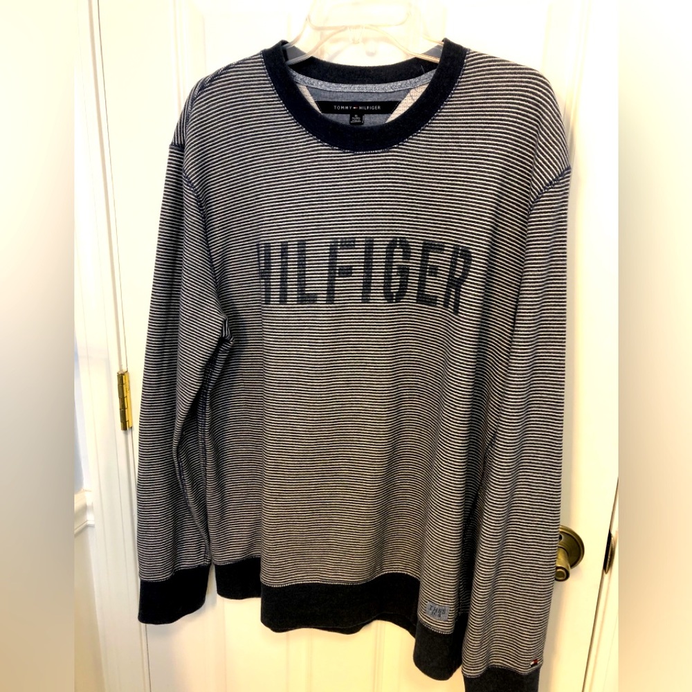 Tommy Hilfiger light weight crew neck sweatshirt. Navy/white striped . Size XL